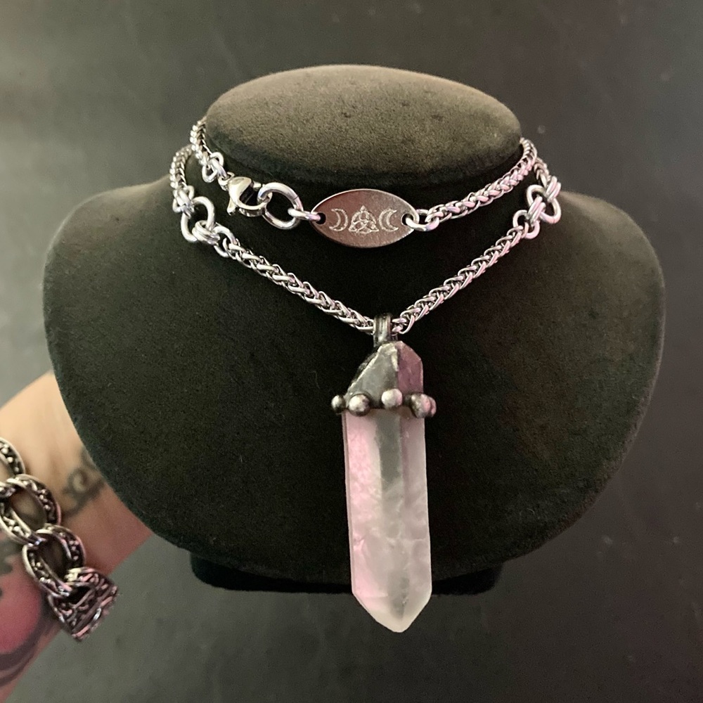 Natural raw clear crystal quartz gemstone boho goth stone charm steel necklace